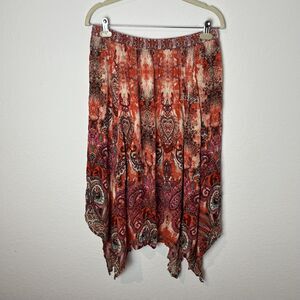 vintage Kim Rogers Skirt Womens M Red Orange Boho Paisley Handkerchief Hem Rayon